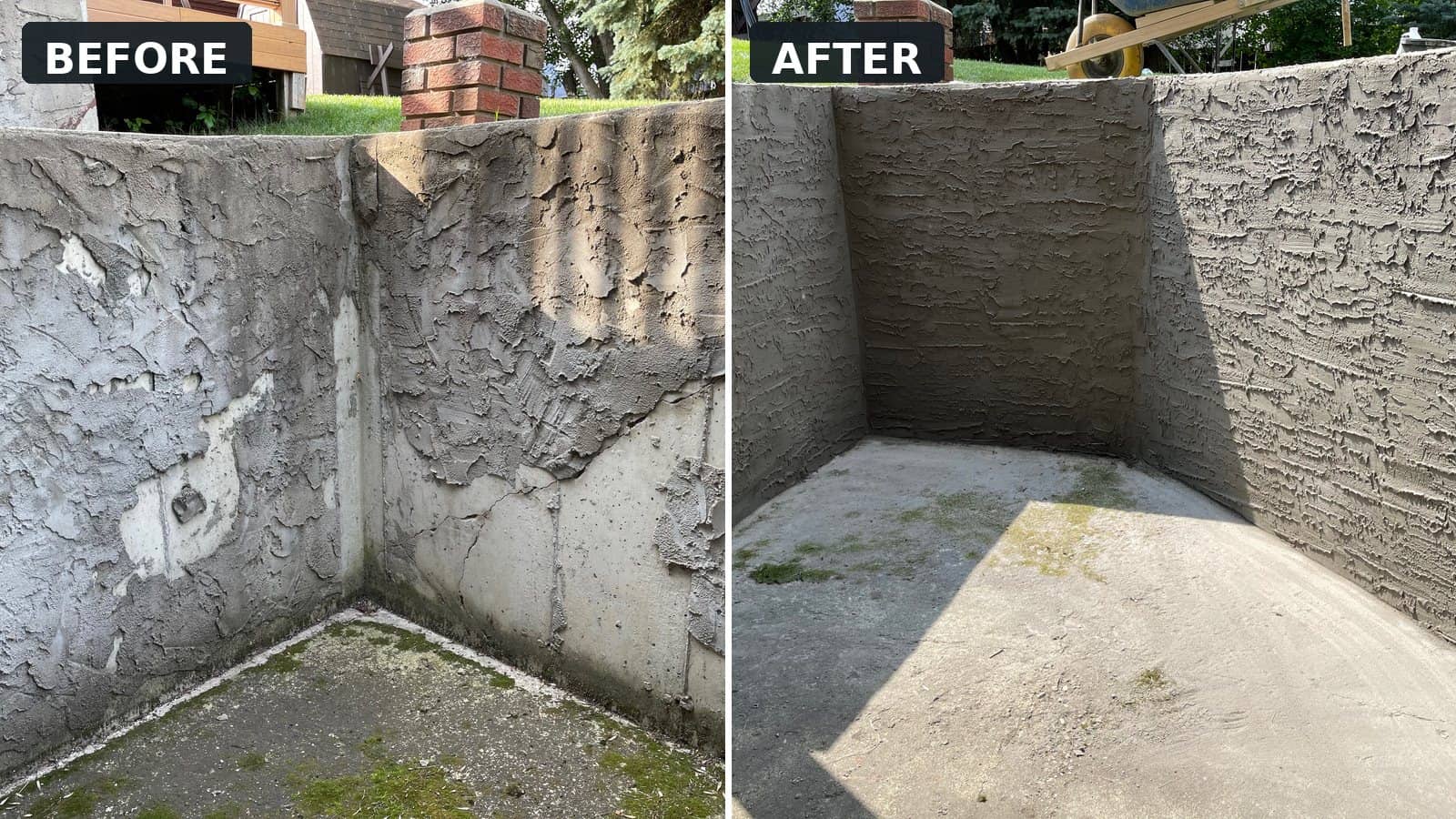 Before and after retaining wall parging project