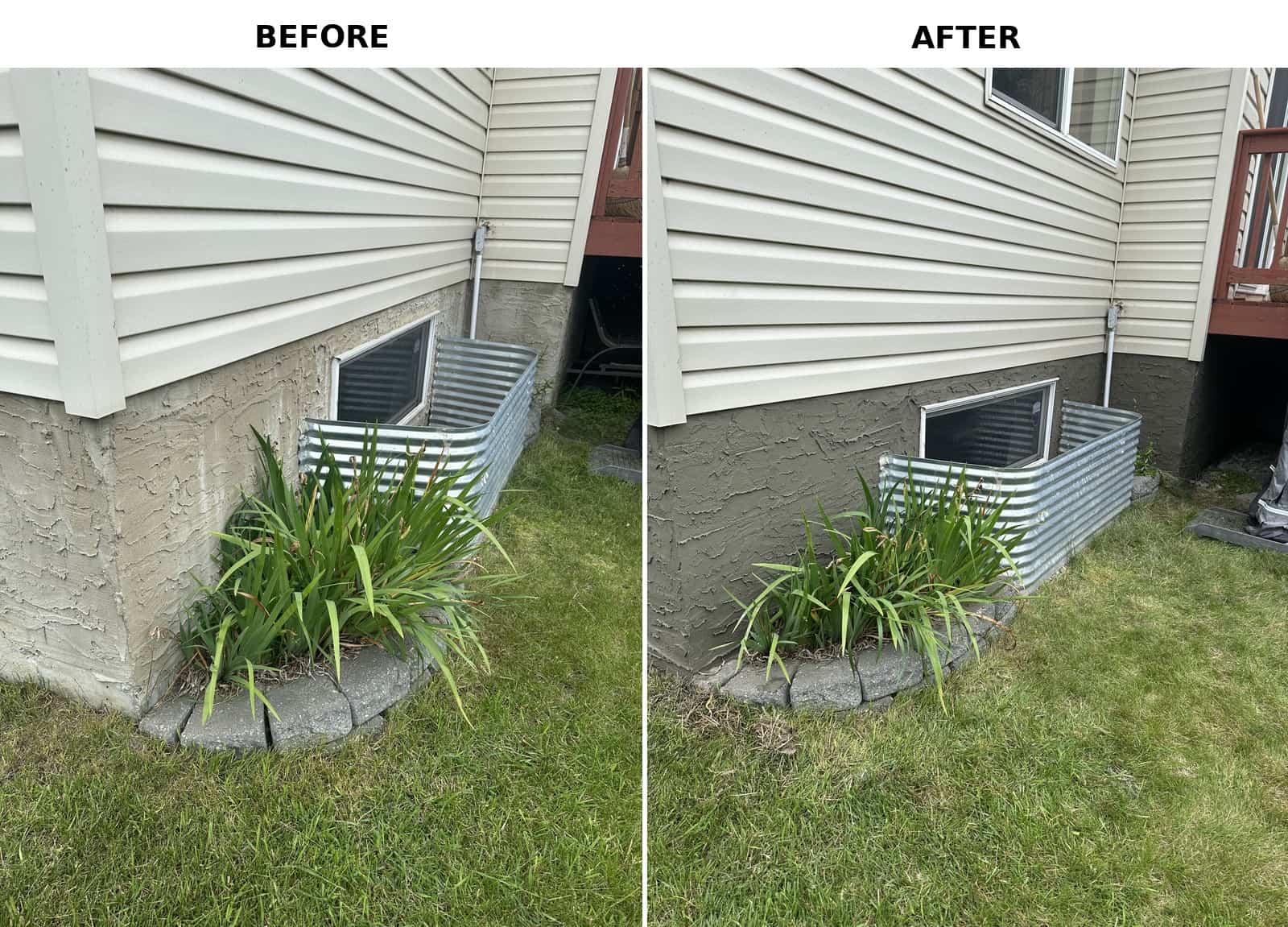 Before and after parging renewal around a basement window on an Edmonton home