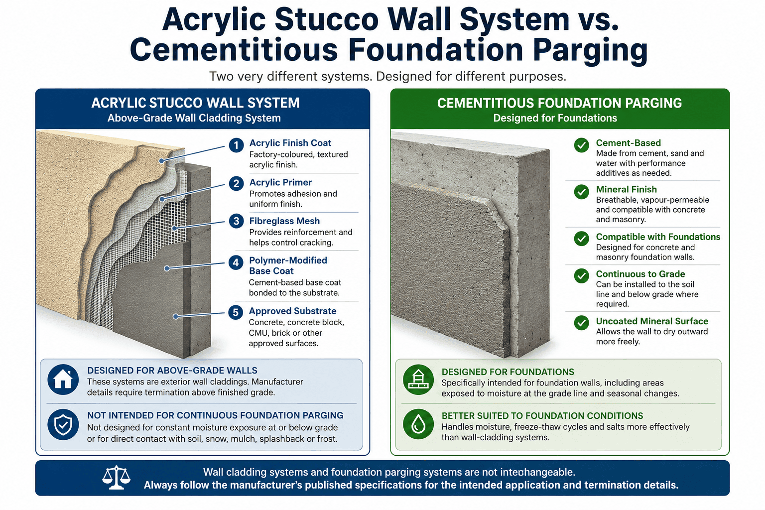 Diagram comparing an acrylic stucco wall system with cementitious foundation parging
