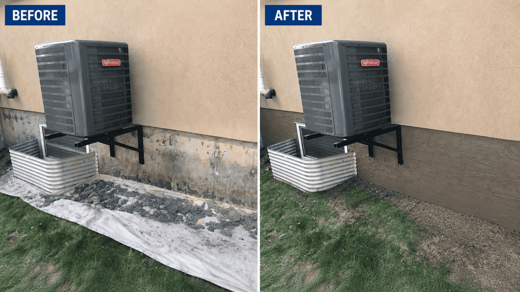 Before and after cementitious foundation parging replacement on an Edmonton home