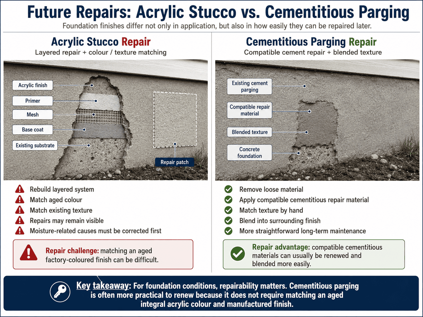 Diagram comparing future repairs to acrylic stucco and cementitious foundation parging
