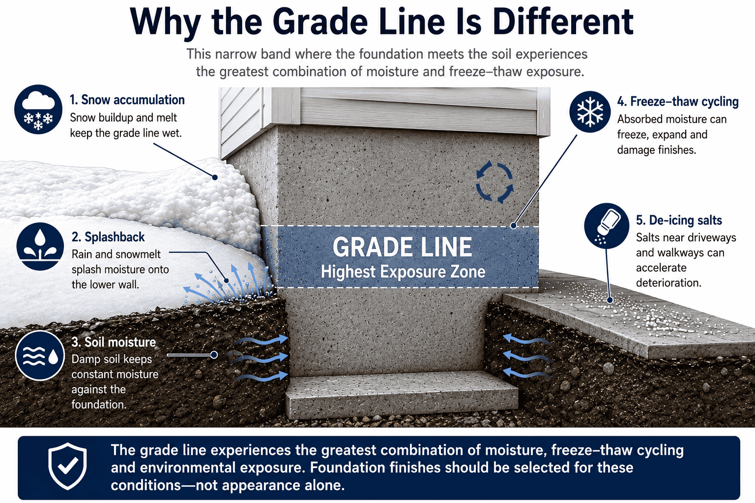 Diagram showing snow, splashback, soil moisture, freeze-thaw cycling and de-icing salt exposure at a foundation grade line